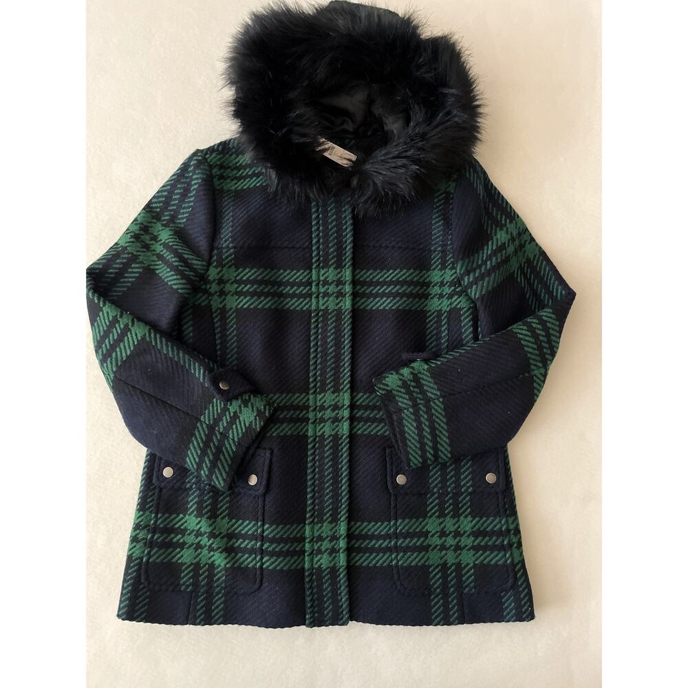 Talbots Coat Women 10P Blue Green Plaid Wool Hooded Faux Fur Short Zip Parka NWT